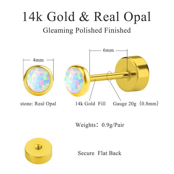 Opal Stud Earrings, 4 mm 14k Gold Stud Earrings Small Real Opal Earrings for Gir - Picture 4 of 8
